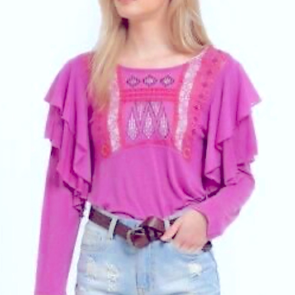 Free People Magenta Embroidered Ruffle Sleeve Tunic